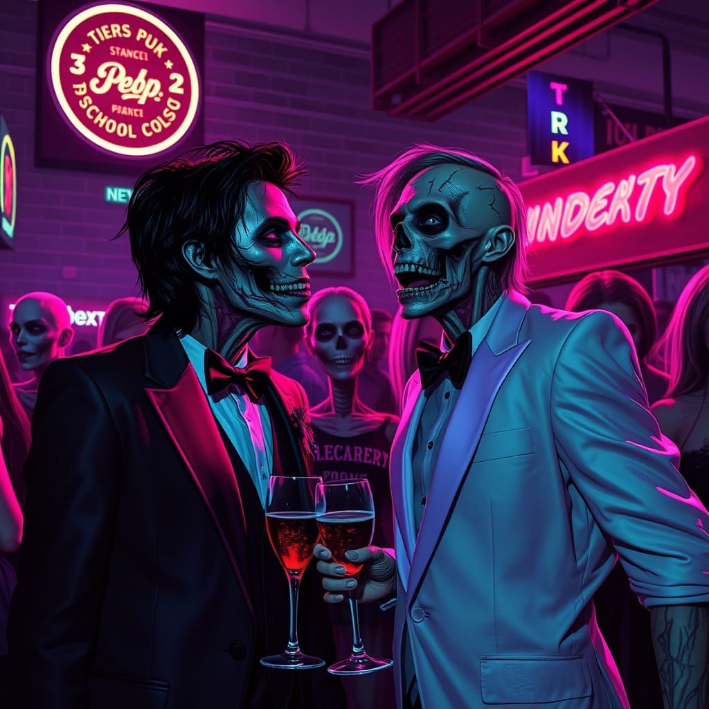 Zombie Prom Celebration in Neon Cyberpunk Style