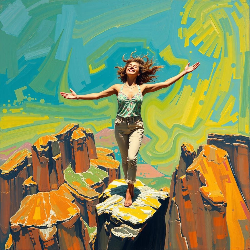 Joyful Acrobatic Figure on Cliff's Edge