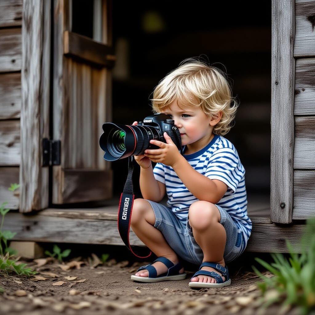 Child Photographer with DSLR in Black and White