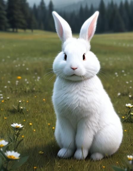 Hyperrealistic White Rabbit in Sunny Meadow