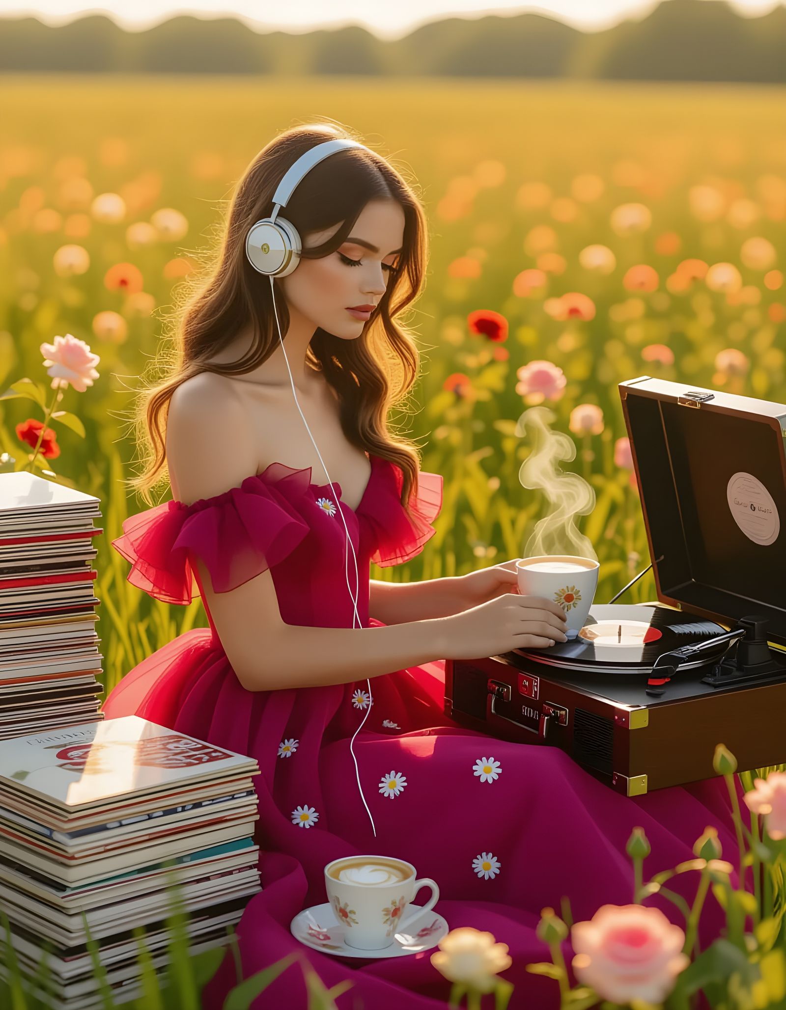 Woman Listening to Music in a Rose Garden as Digital Art