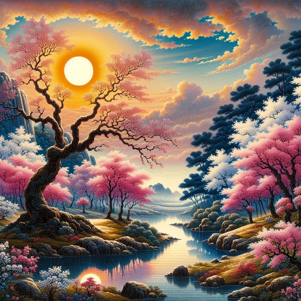 Sakura Sunrise in Yunnan School Style