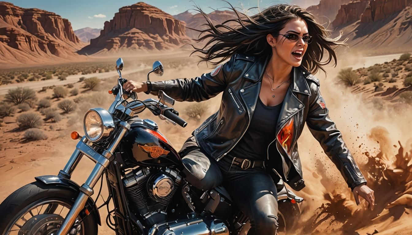 Biker Girl on Harley Davidson: Hyperrealistic Desert Ride