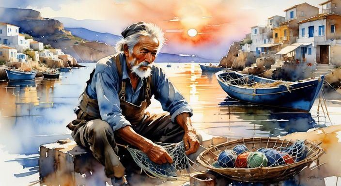 Fishermen Mending Nets on the Dock