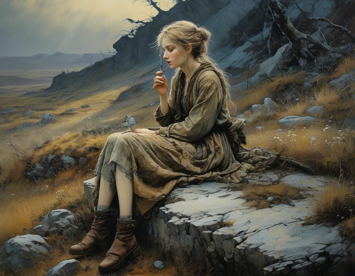 Girl and Bird in Barren Heathland, Vintage Illustration