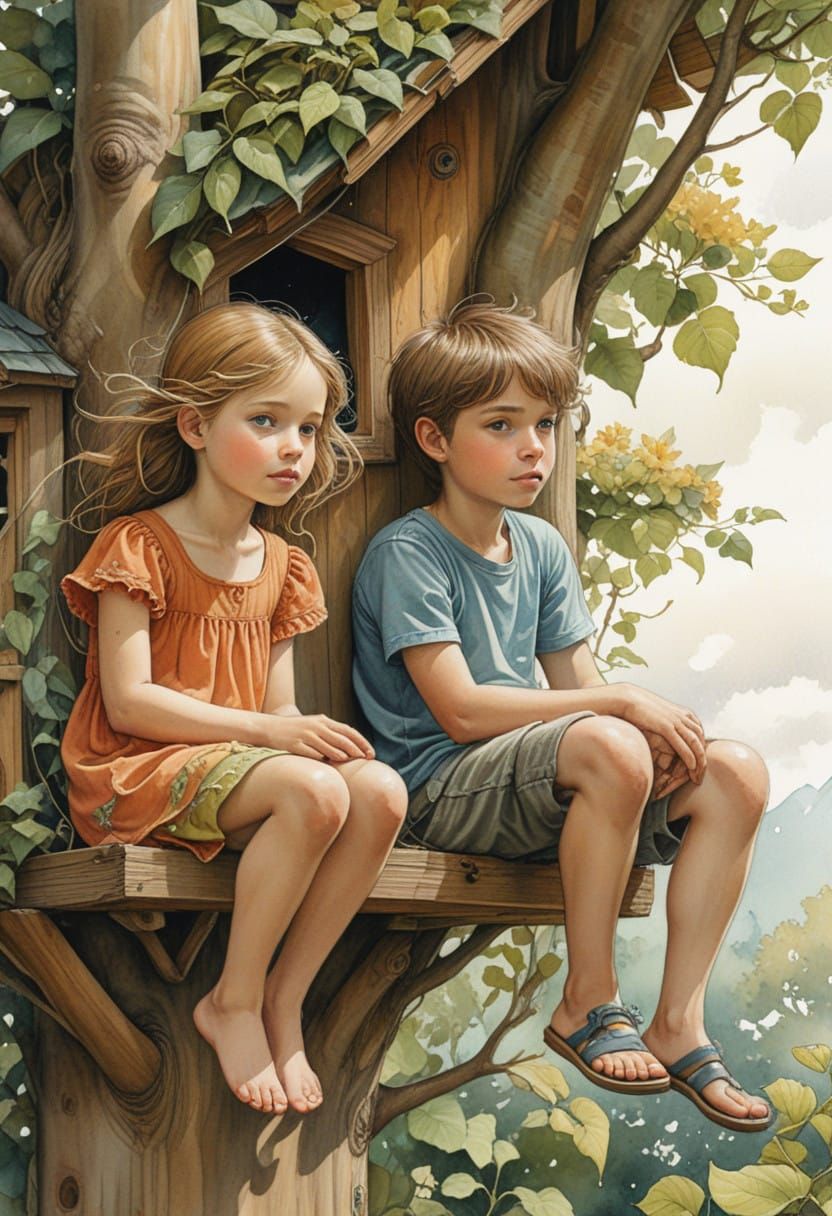 Whimsical Watercolor Scene of Summer Treehouse Adventure