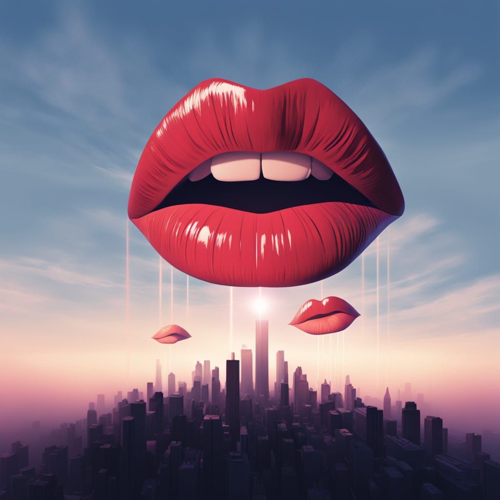 Giant Ruby Lips Hover Over Cityscape in Bold Graphic Style