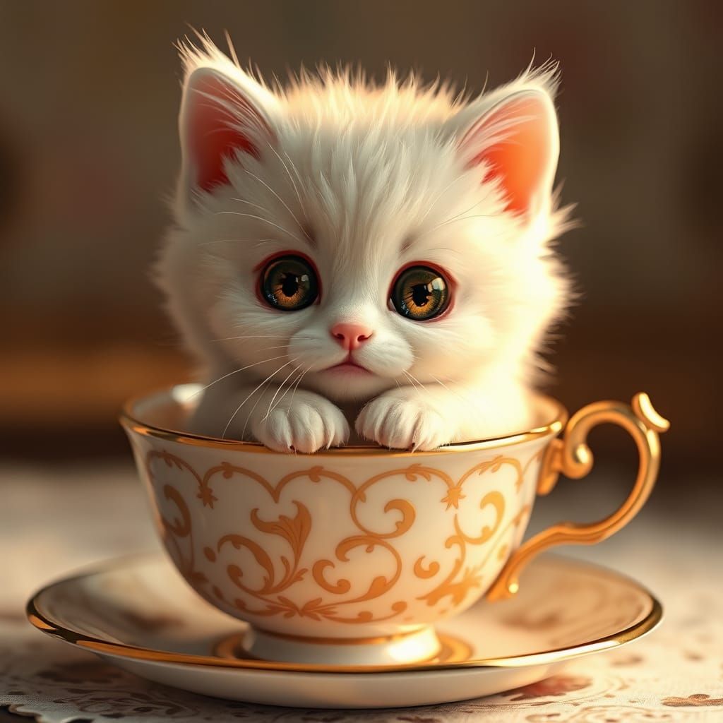 Kitten in Teacup: A 3D Anime Art Portrait