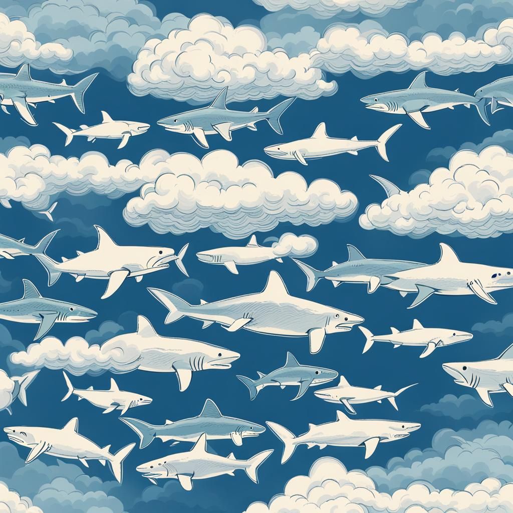 Surreal Sharks Swimming Through Cloudy Skies