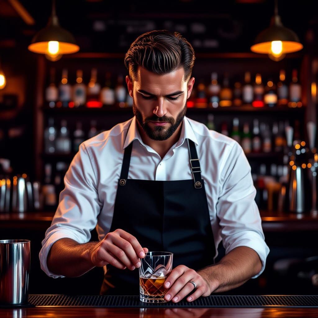 Bartender in Dimly Lit Cocktail Bar