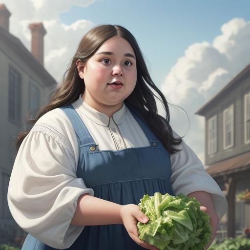 Hyperrealistic Portrait of Overweight Woman Eating Lettuce