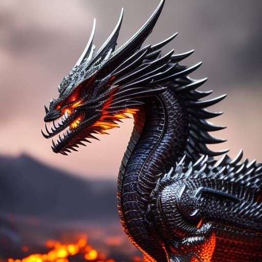 Chrome Dragon Pencil Sketch in Volcanic Landscape