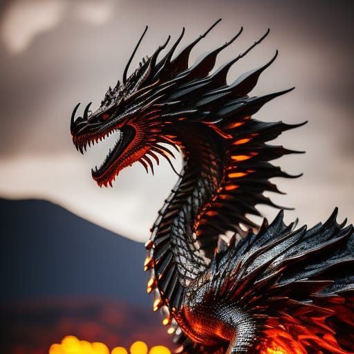 Chrome Dragon Sketch in Volcanic Landscape