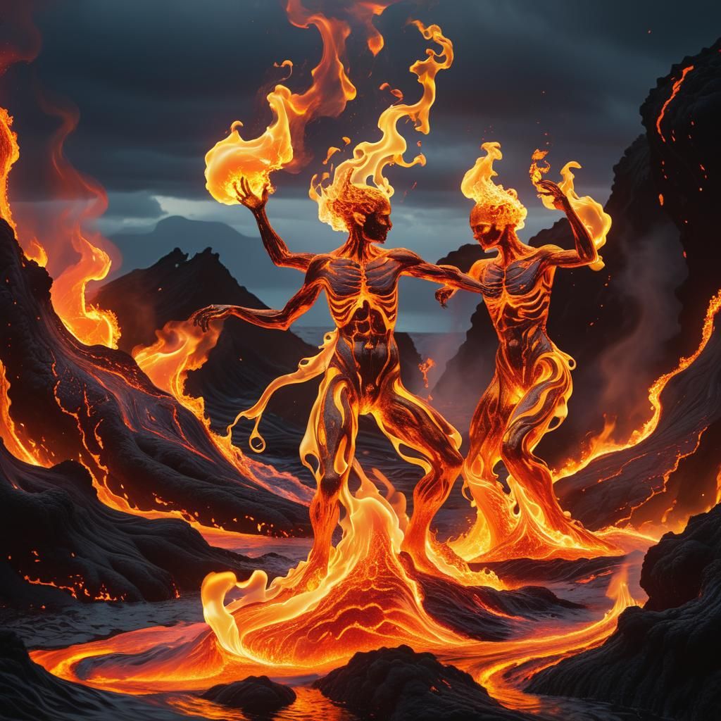 Fiery Lava Elementals Dance in Surreal Landscape
