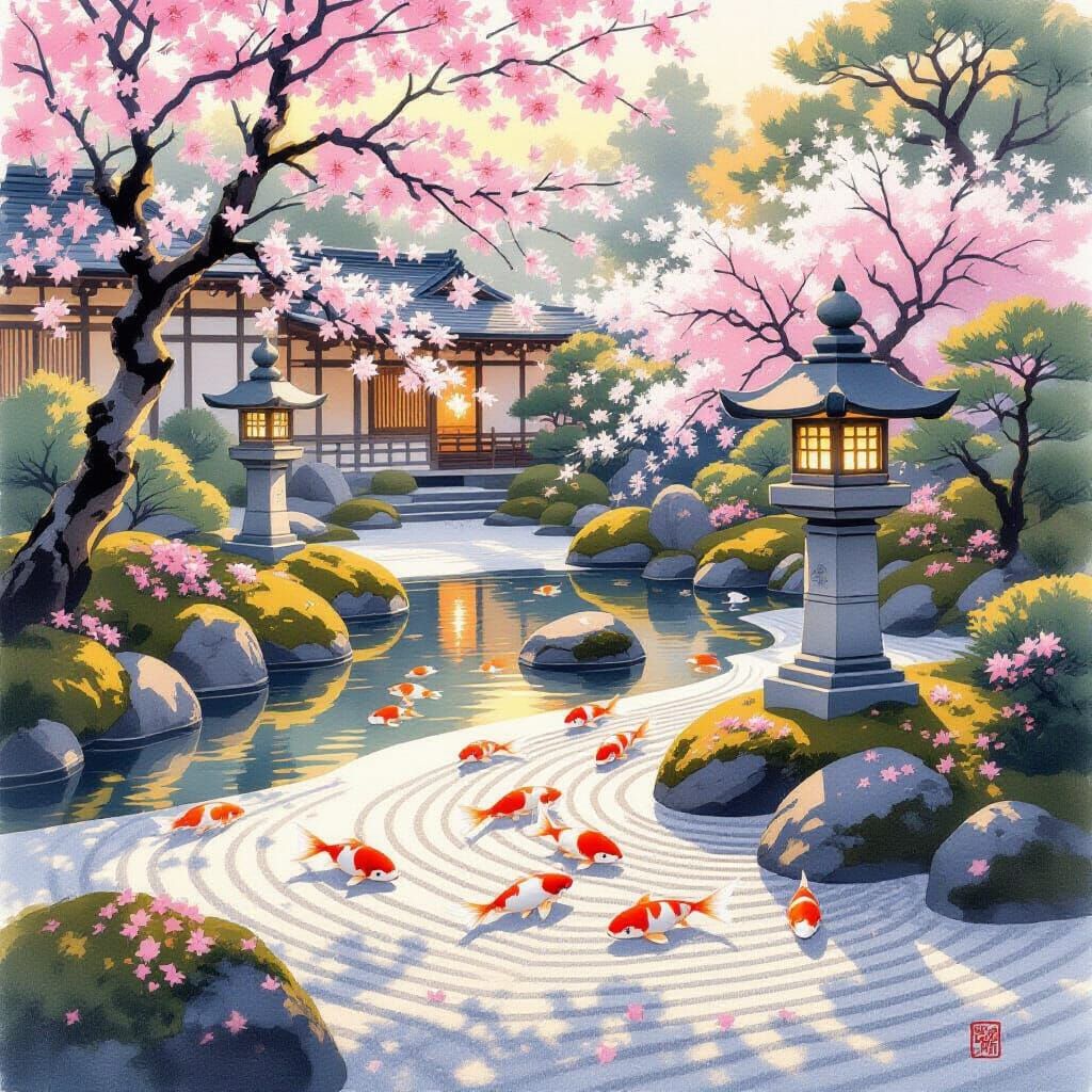 Serene Japanese Zen Garden with Koi Pond and Cherry Blossoms