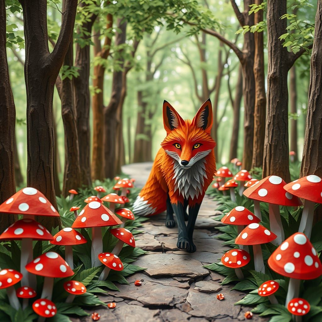 Majestic Red Fox Amidst Vibrant Toadstool Mushrooms in Whims...