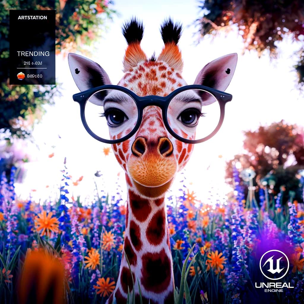 Colorful Giraffe with Glasses in Floral Landscape