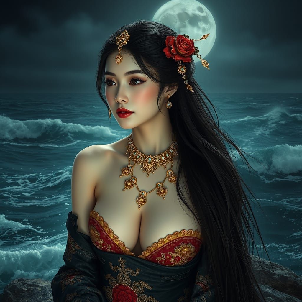 Mystical Chinese Sorceress in Stormy Seas