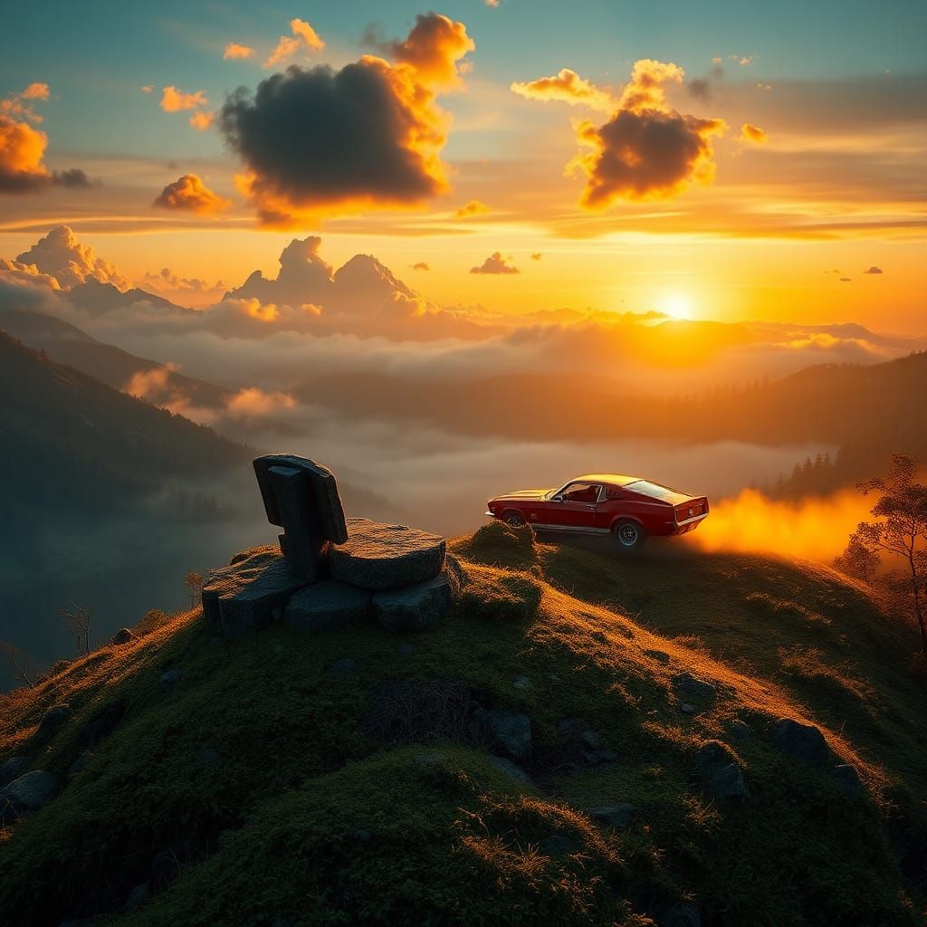 Mystical Stone Seat Overlooking Valley with Mustang