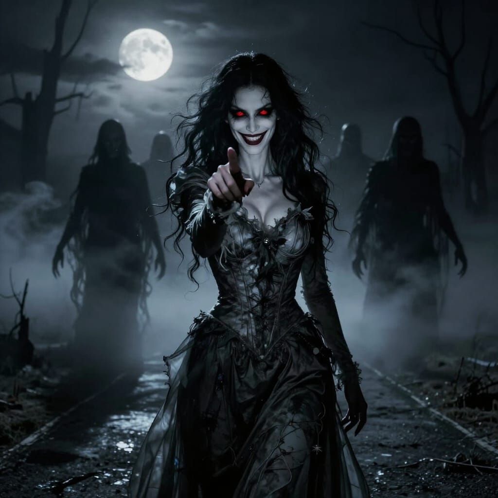 Gothic Dark Fantasy Woman with Red Eyes on Moonlit Road
