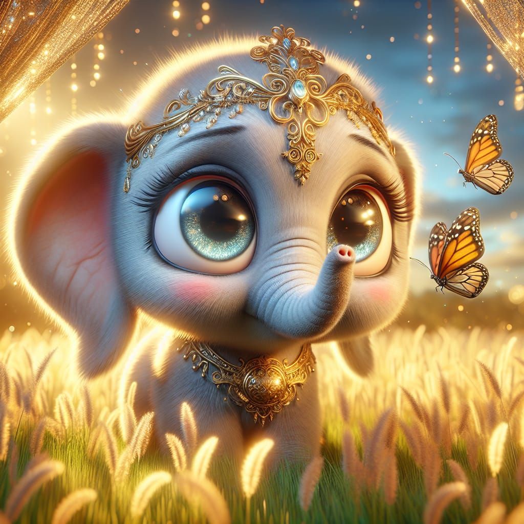 Chibi Elephant and Monarch Butterfly in Golden Light