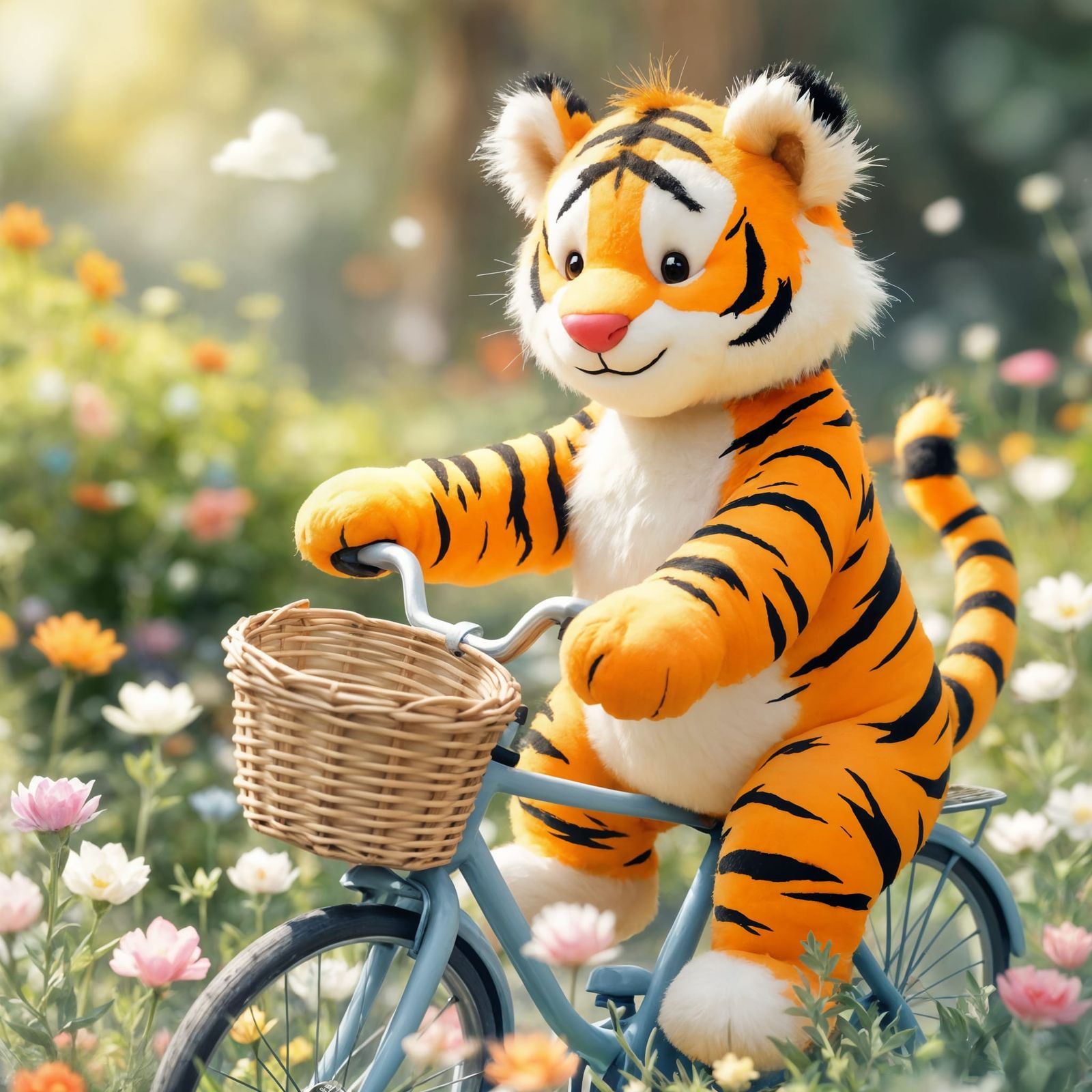 Whimsical Tiger Riding a Bicycle in a Blooming Garden
