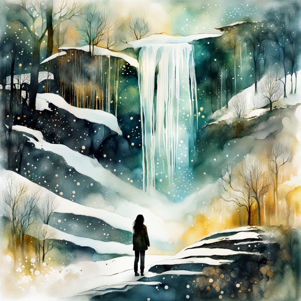 Dreamy Winter Waterfall with Intricate Double Exposure
