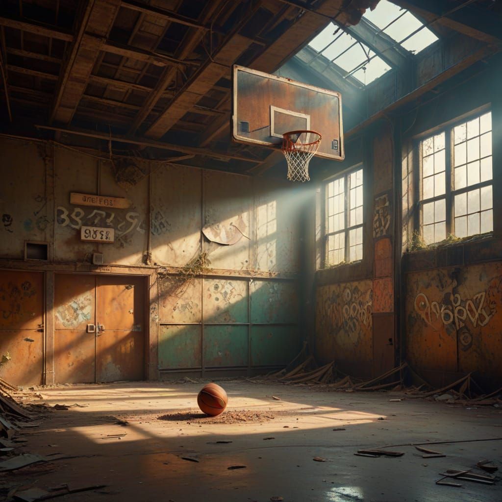 Surreal Basketball in Abandoned Gym: Golden Hour