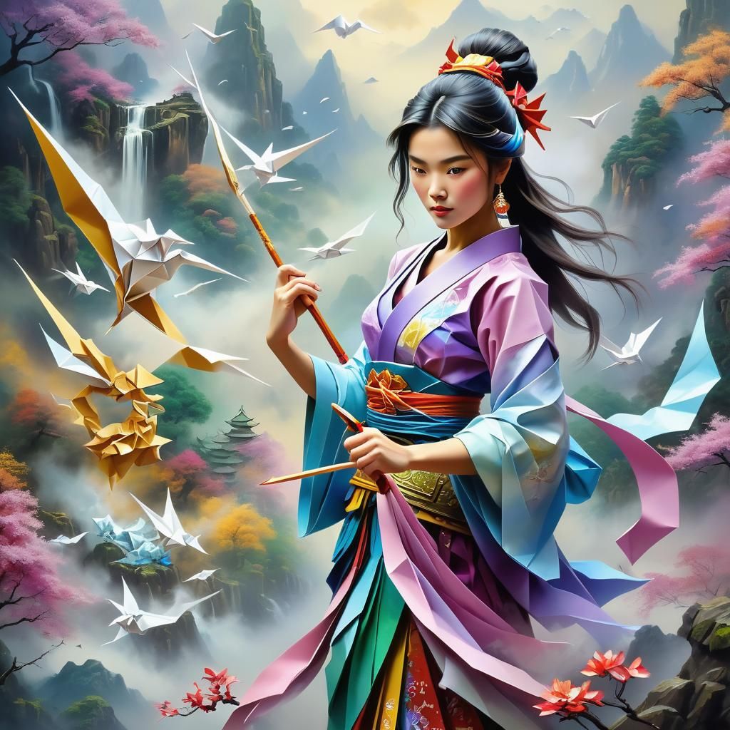 Epic Origami Warrior Woman in Neo-Impressionist Style