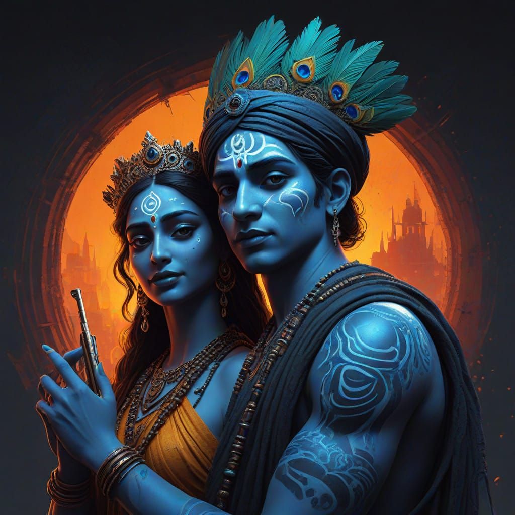 Krishna and Radha in Moody, High-Contrast Art Style