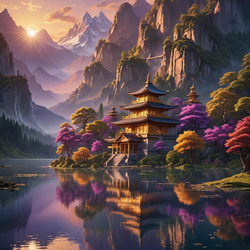 Lake Sunset Reflected in Mystical Temple Digital Art