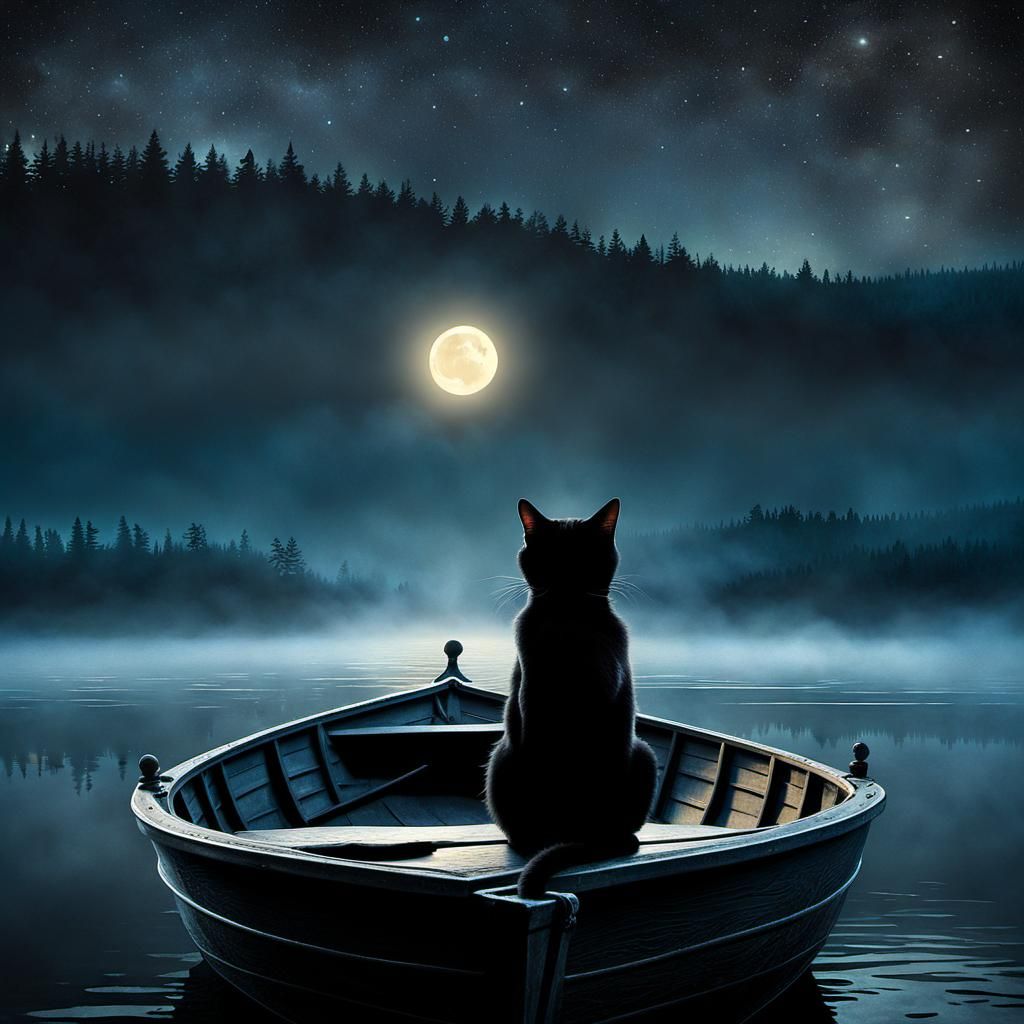 Black Cat on Misty Lake: Dark Fantasy Art