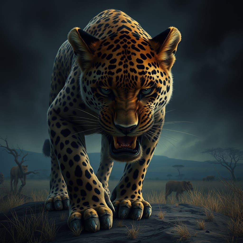 Menacing Leopard-Lion Hybrid in Cinematic Style