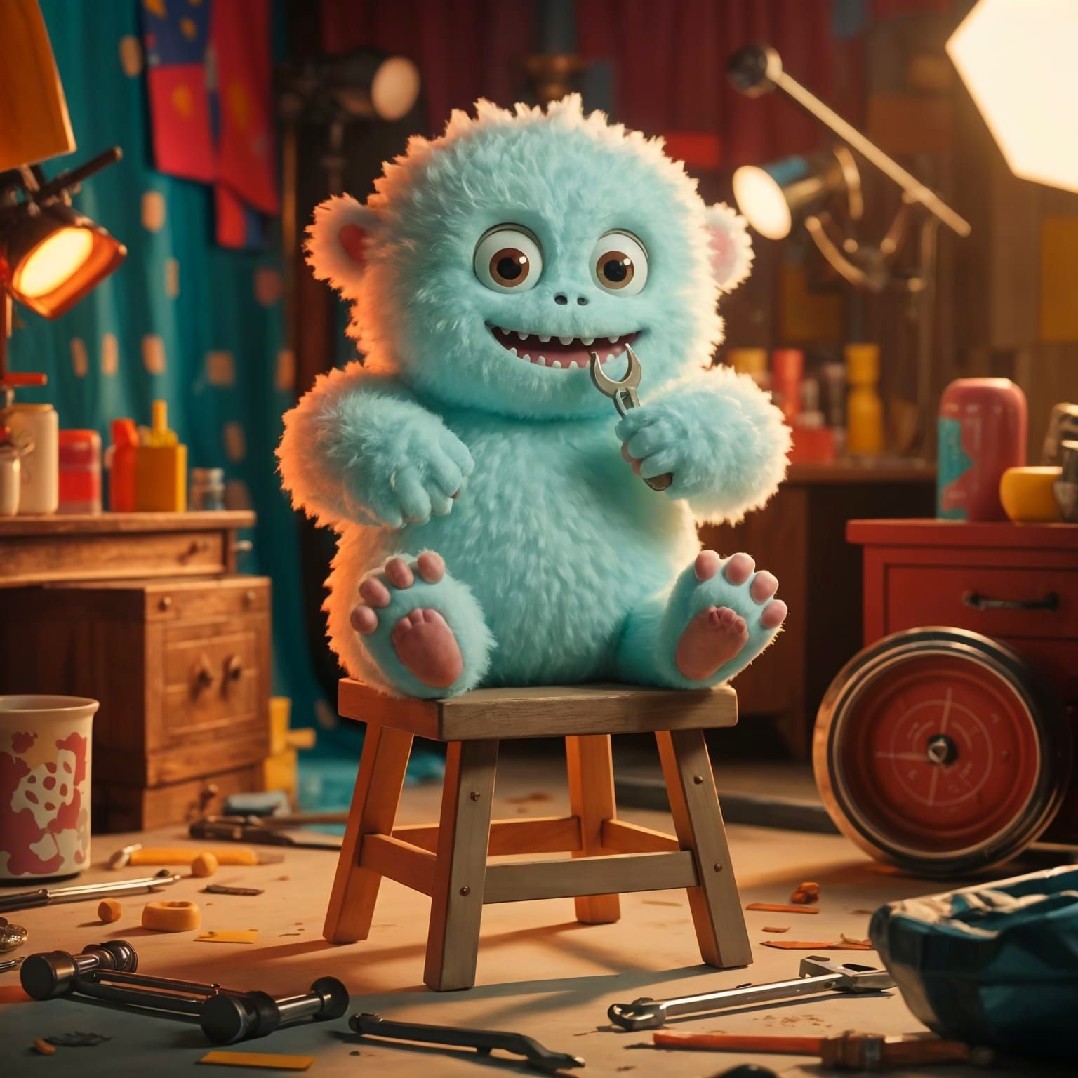 Whimsical Marshmallow Monster in Cozy Workshop