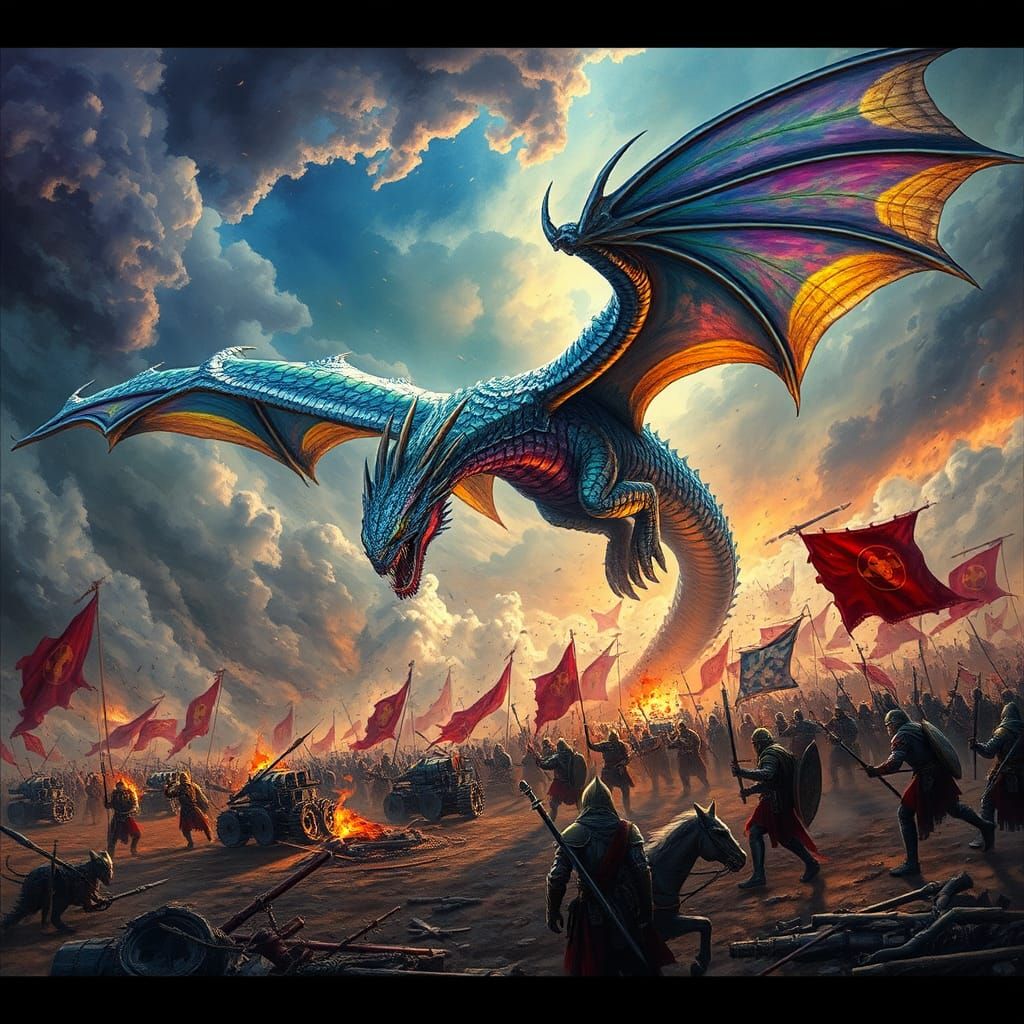 Chromatic Dragon Soaring Over Medieval Battlefield