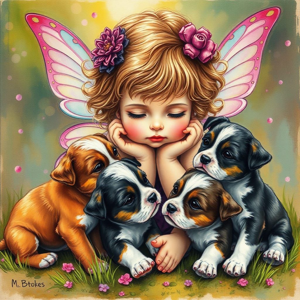 Chubby Fairy Toddler Playing with Puppies: Fantasy Art