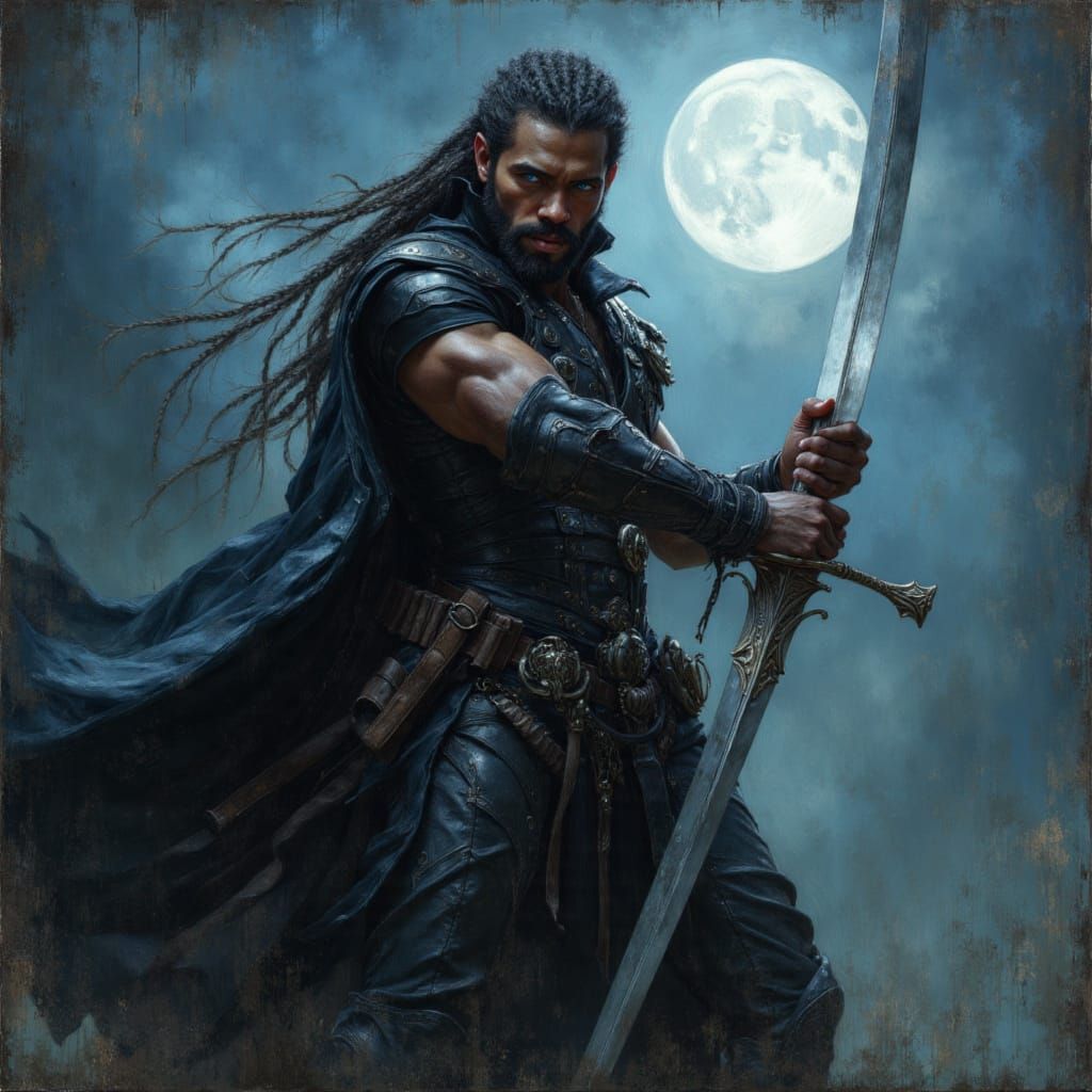 Vampire Hunter with Sword under Full Moon in Realism