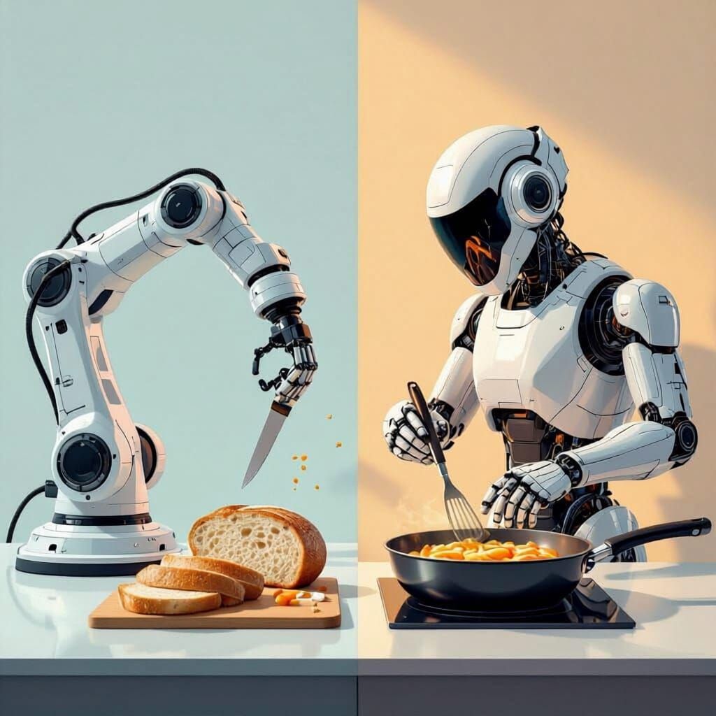 Futuristic Robotic Arm Slicing Bread and Stirring Food