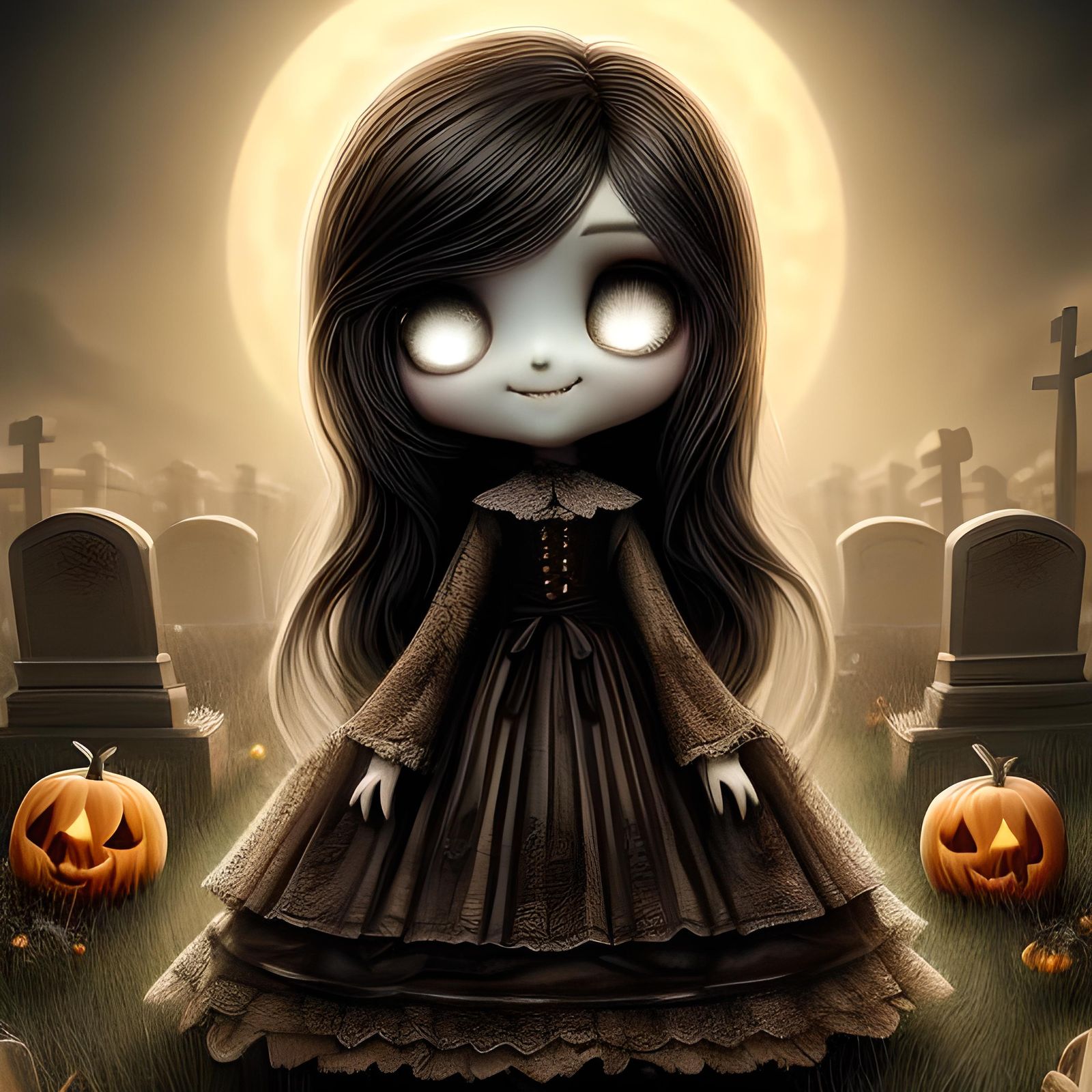Adorable Gothic Ghost Girl in Cemetery with Pumpkins