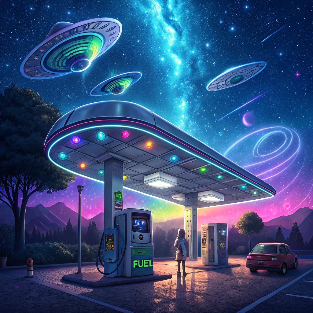 Futuristic Gas Station with Alien Visitors in Cyberpunk Styl...