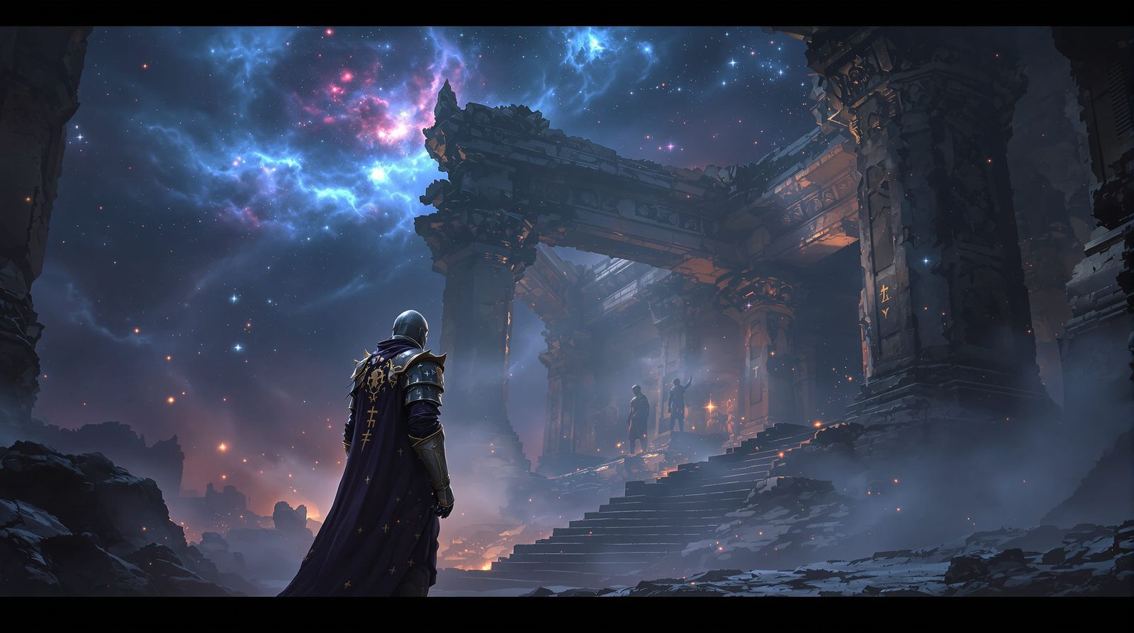 Knight Before Cosmic Temple in Nebula Light