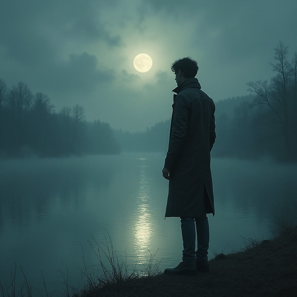 Introspective Figure at Moonlit Lake, Impressionistic Style