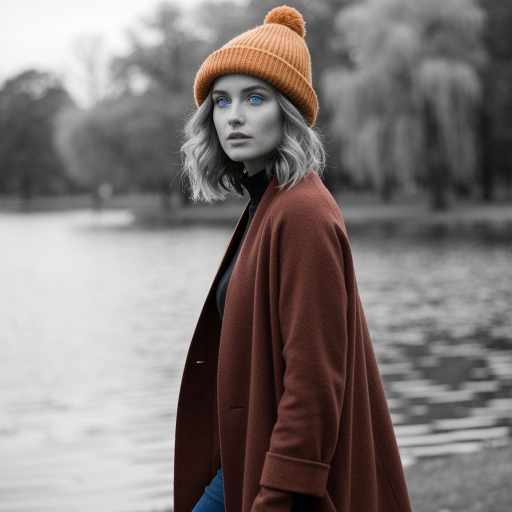Autumn Woman with Leaf Beret by Lake in Black and White