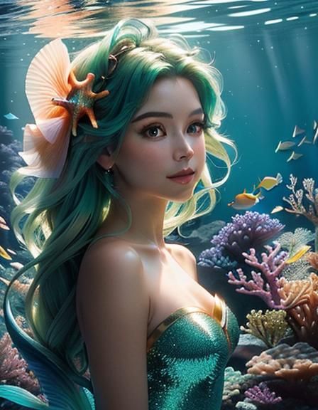 Ethereal Mermaid Portrait in Vibrant Underwater Scene