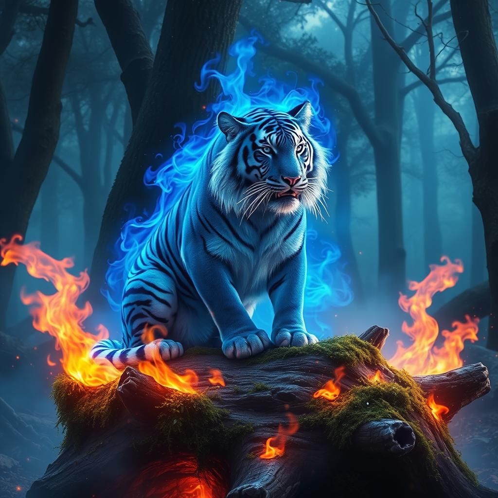 Blue Tiger Enveloped in Ethereal Flames in Mystic Forest