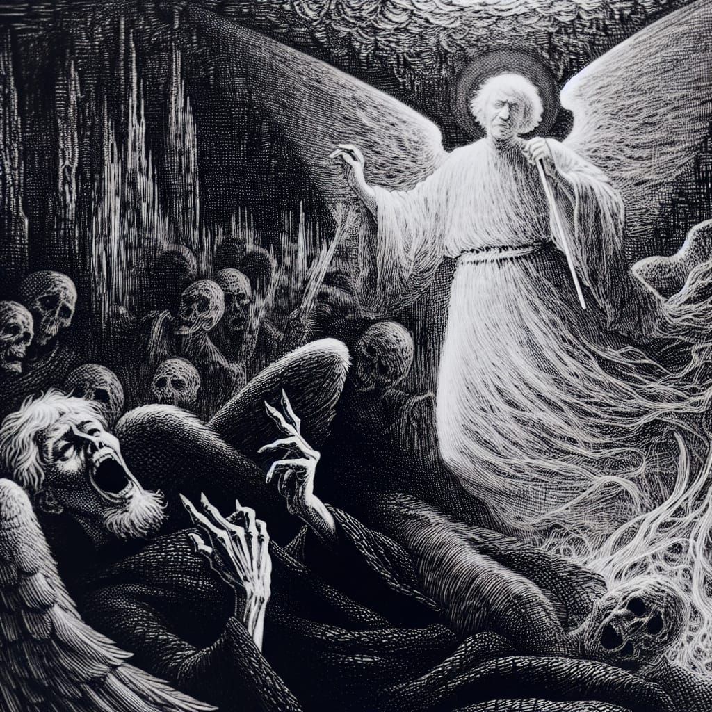 Terrifying Fallen Angel in Engraving Style