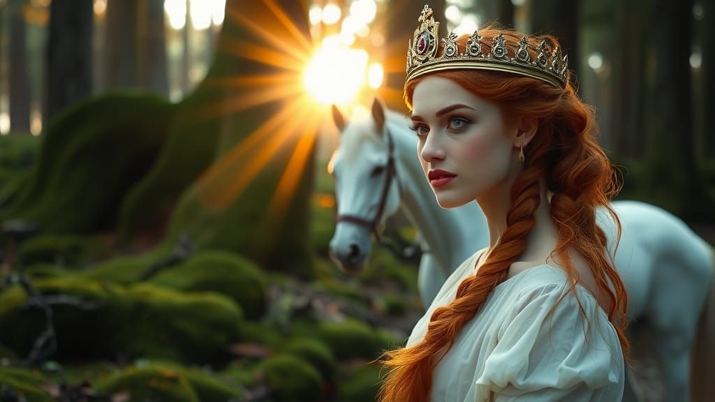 Ginger Woman in Mossy Forest with White Horse