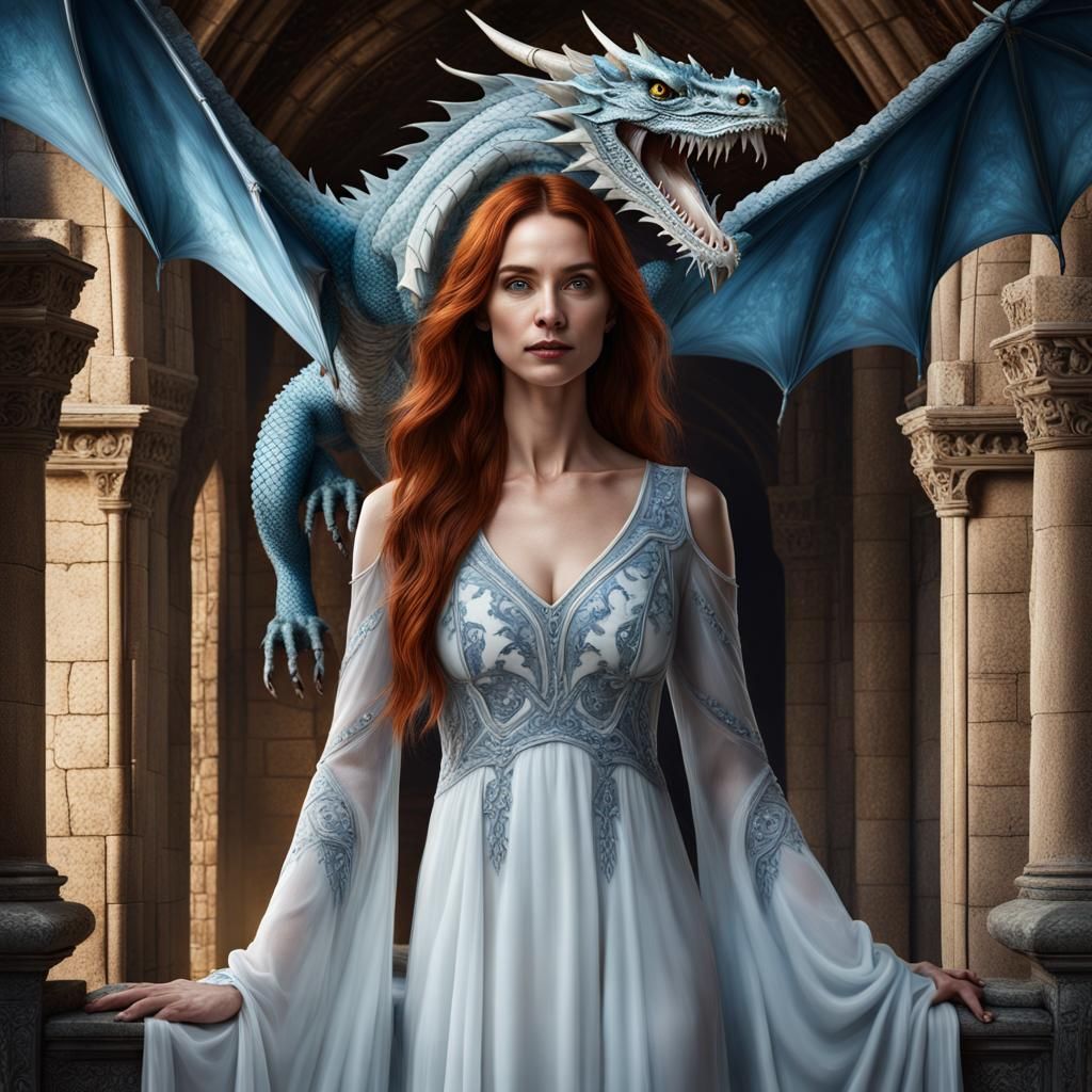 Blue Dragon and Woman in Castle: Gothic Fantasy Art