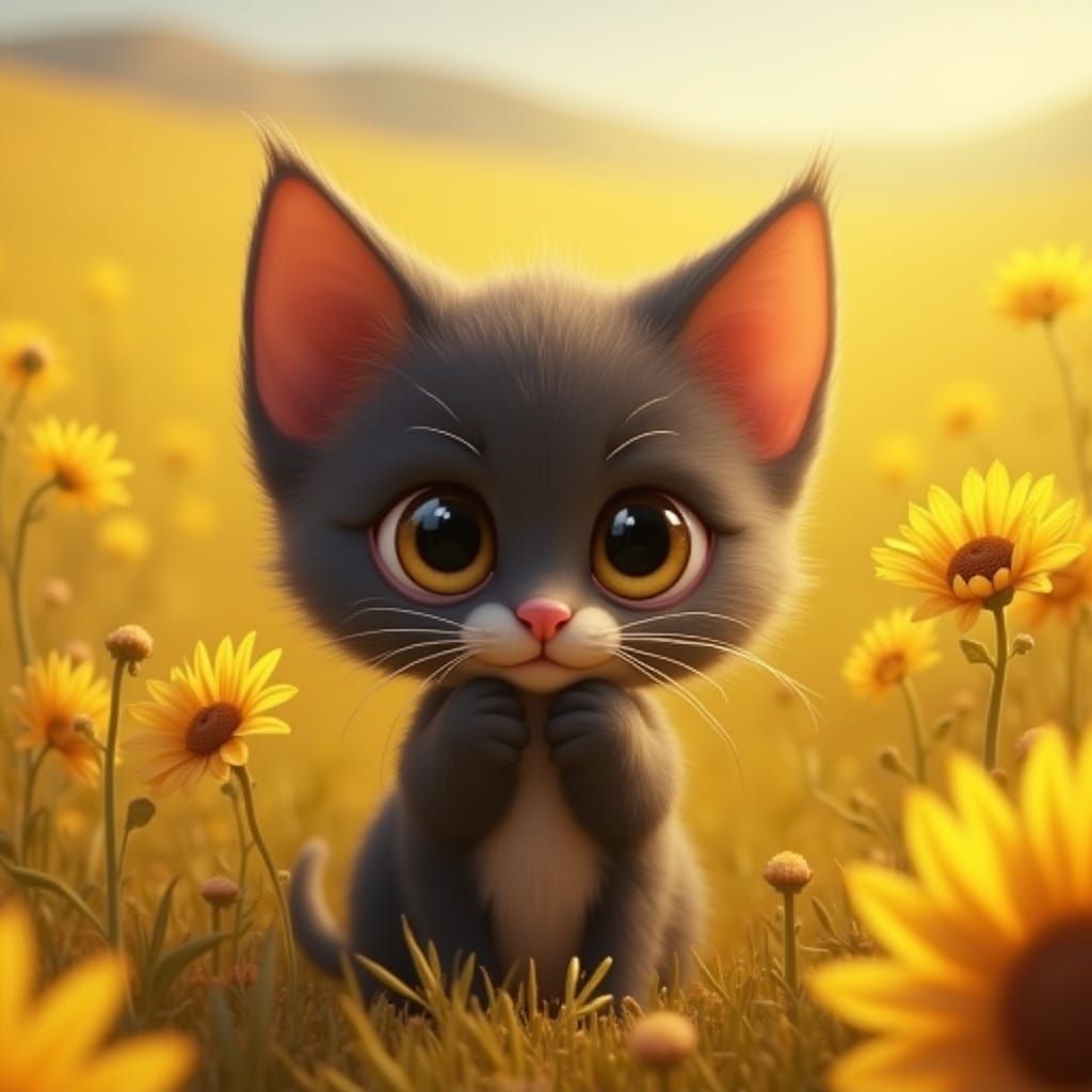 from an elevated birds eye perspective looking down at a kitten

A kitten Inside a large field with infinity view of yel...