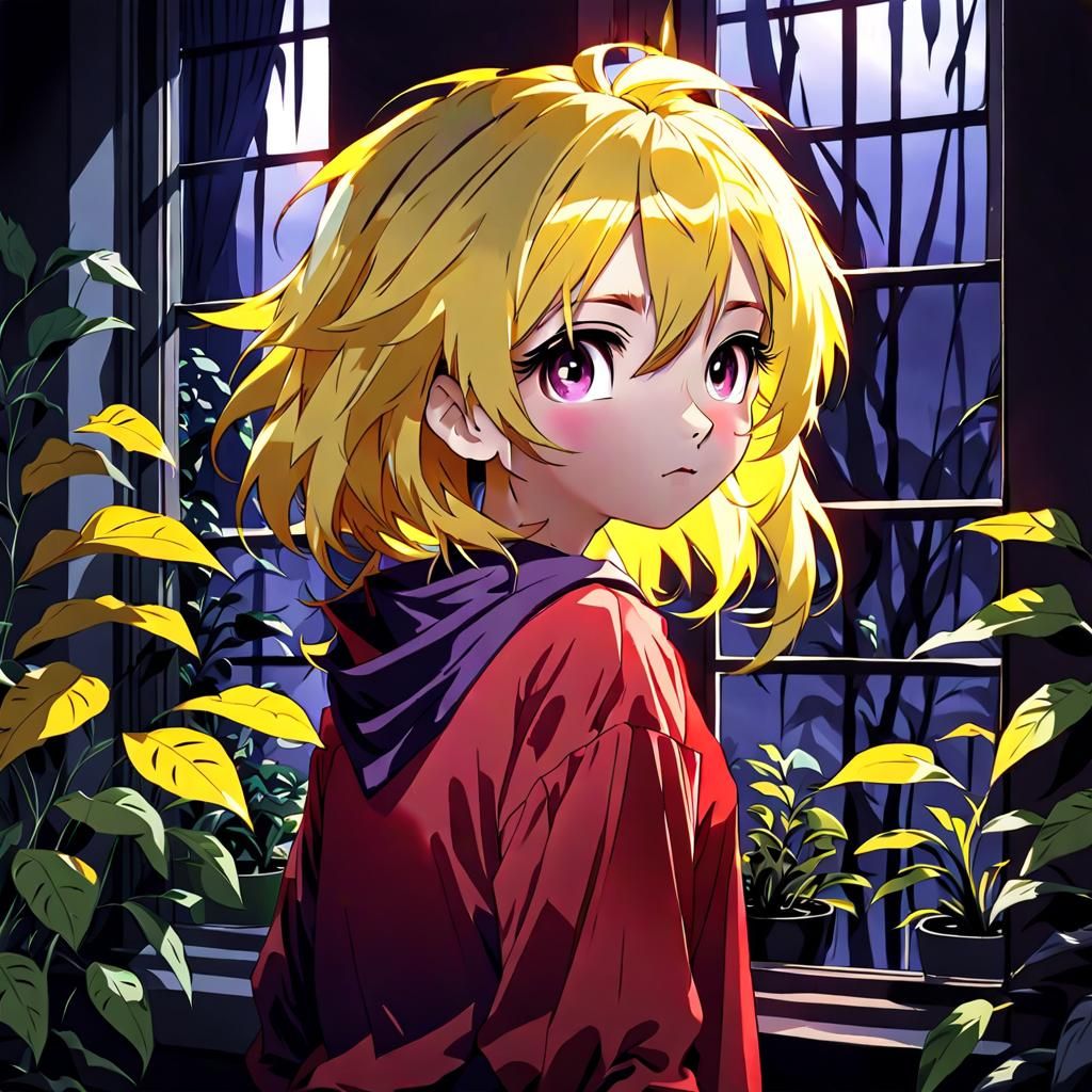 Anime Girl Gazing Through Window in Dark Setting